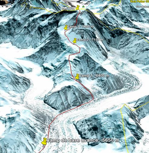 Map climb Cho You in Tibet