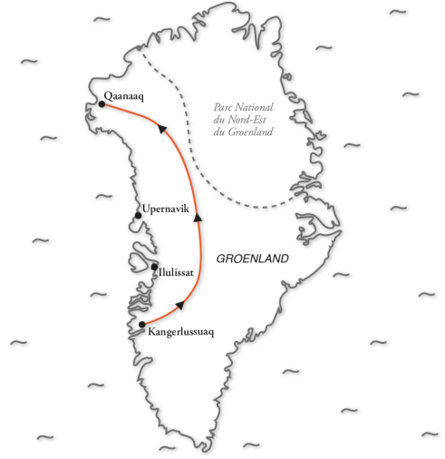 Carte Traversée Sud-Nord du Groenland en snowkite