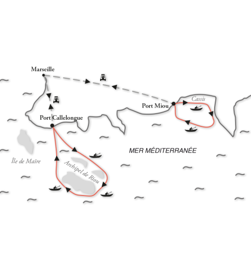 Carte des itinéraires de navigation dans les Calanques 