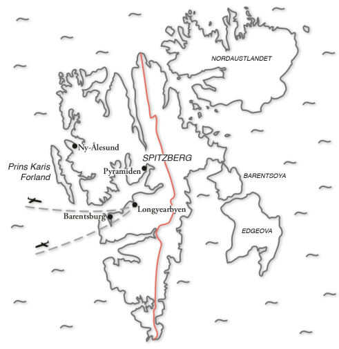 carte itineraire en ski pulka du sud au nord du Spitzberg 
