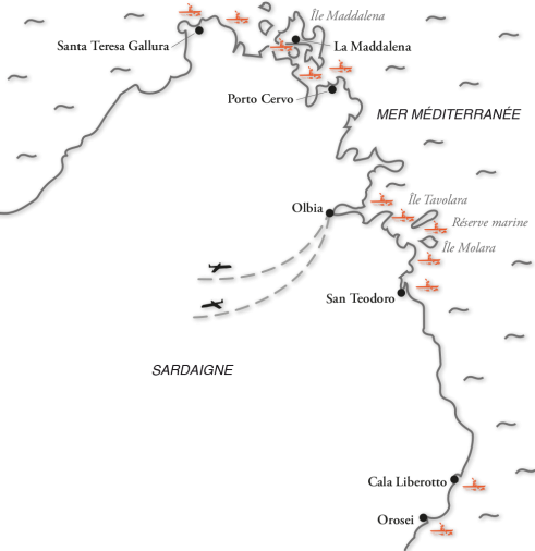 Carte des sites de navigation dans le nord est de la Sardaigne 