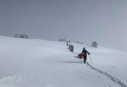 Stage de préparation aux expéditions polaires lors de la montée dans le brouillard à la Combe des Amburnex