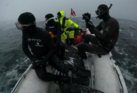 Plongeurs dans le zodiac sous la neige