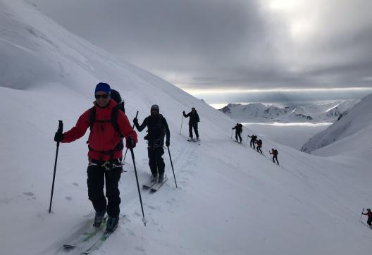 Skieurs de randonnée dans le fjord Hornsund au Svalbard