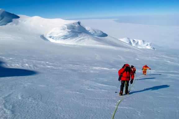 Roped travel on Mount Sidley's summit ridge
