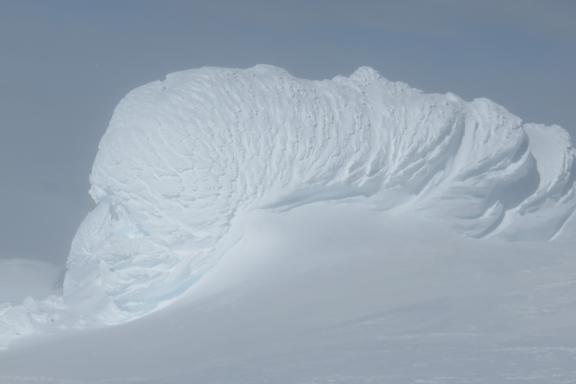 Giant snow (rime) mushrooms on Mount Sidley. Rime mushrooms form when clouds and strong winds engulf the terrain. Supercooled cloud droplets are blown onto subfreezing surfaces and freeze rapidly, making an opaque “hard” rime with air trapped between granular deposits.